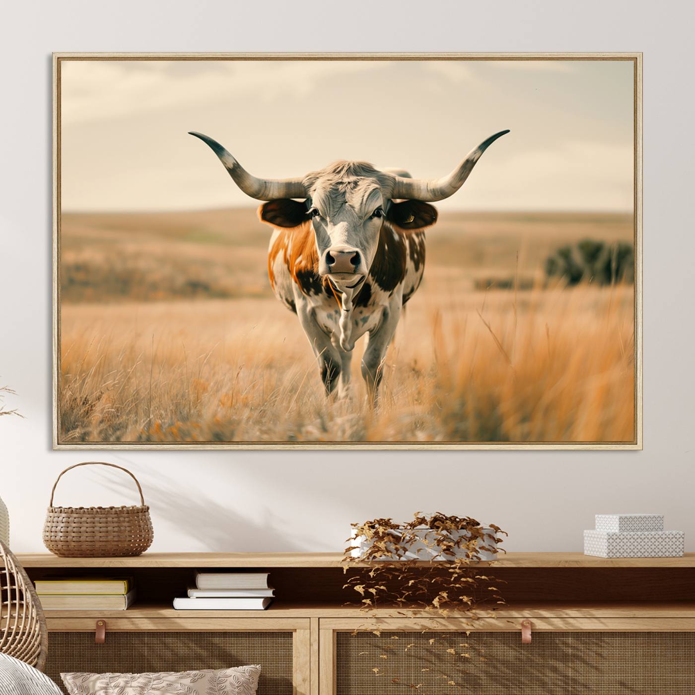 16580-MGV-CV-36X24-Texas Cow Longhorn Wall Art Canvas Print for Farm House Wall Decor, Farmhouse Cow Print Canvas Wall Art Print