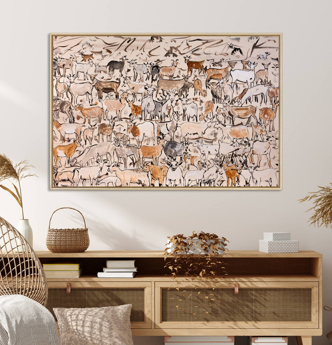 Framed Goat Herd Wall Art in minimal brush strokes on a beige backdrop, ideal for farmhouse or cabin decor.