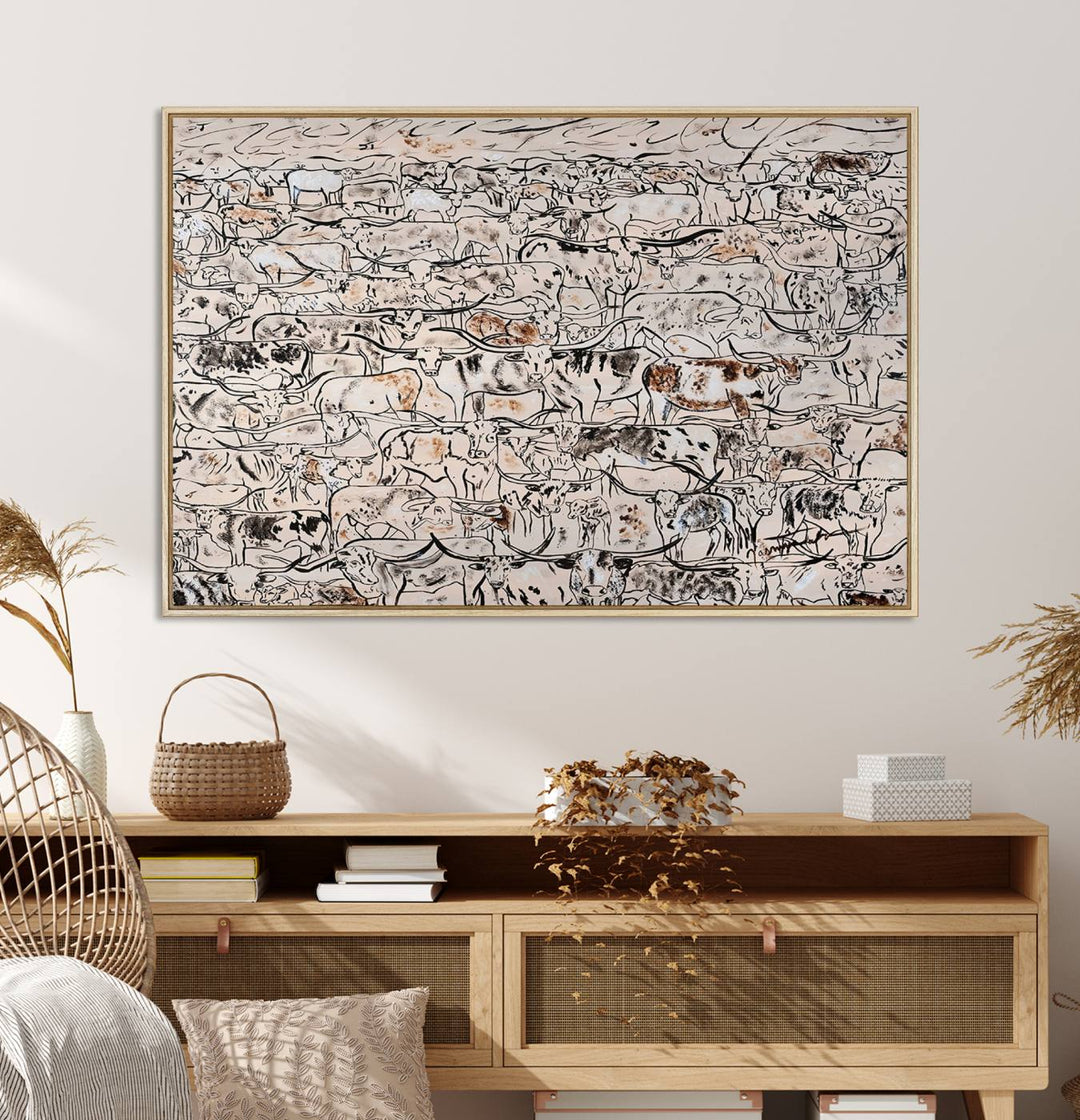 The dining room features a rustic decor highlighted by the Cattle Herd Wall Art.