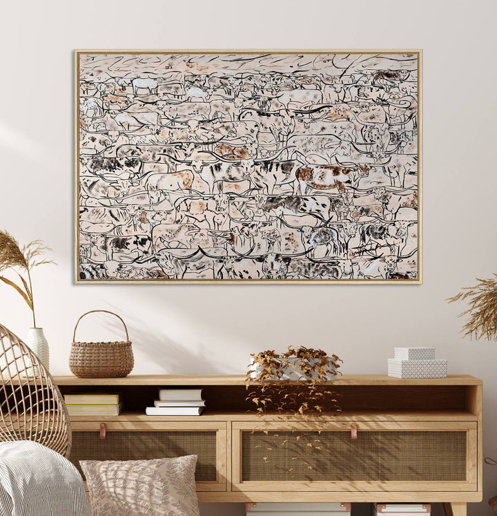 The dining room features a rustic decor highlighted by the Cattle Herd Wall Art.