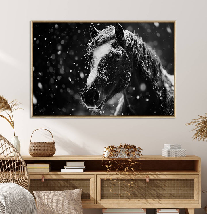 The Winter Horse Wall Art showcases a gentle horse print with snowflakes, ideal for rustic farmhouse or cabin decor.