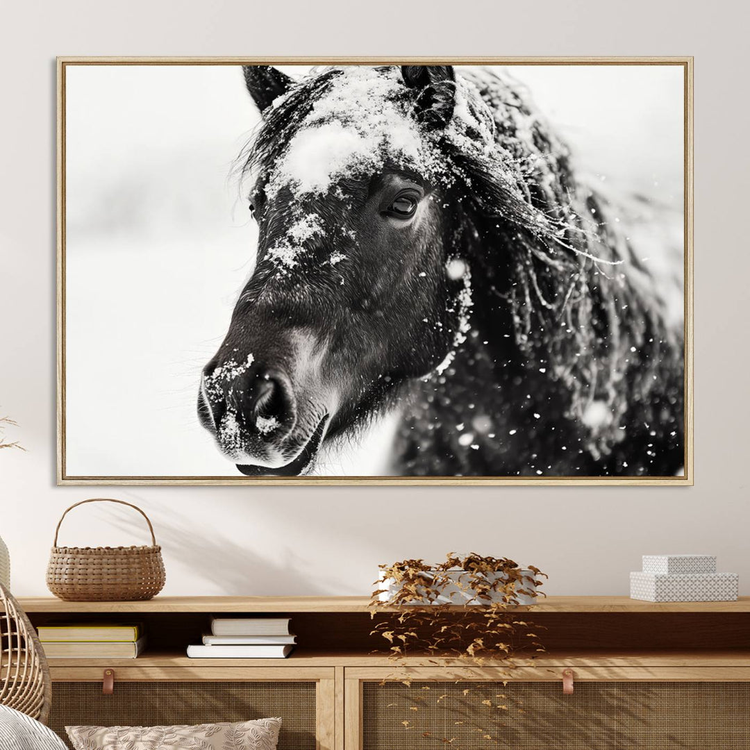 The wall art is a Black and White Horse piece, framed and ready to hang.