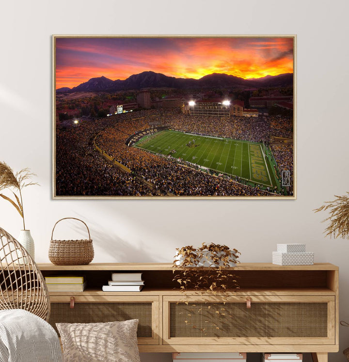 A vibrant mountain sunset at Folsom Field, home of the University of Colorado Football team, is captured in this stunning wall art canvas print.