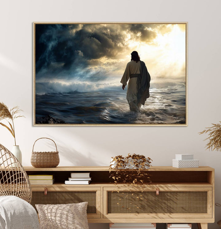 A dramatic sky serves as the backdrop for the Jesus Walking on Water wall art, a perfect piece for Christian home decor.