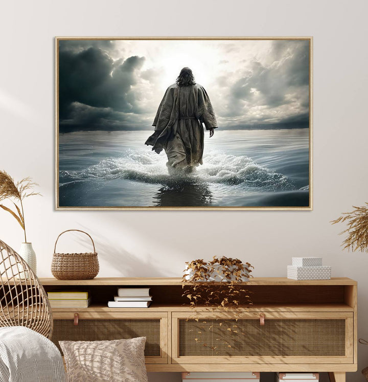 A canvas wall art depicting a figure walking on water beneath dramatic clouds, designed as inspirational religious imagery and ready to hang.