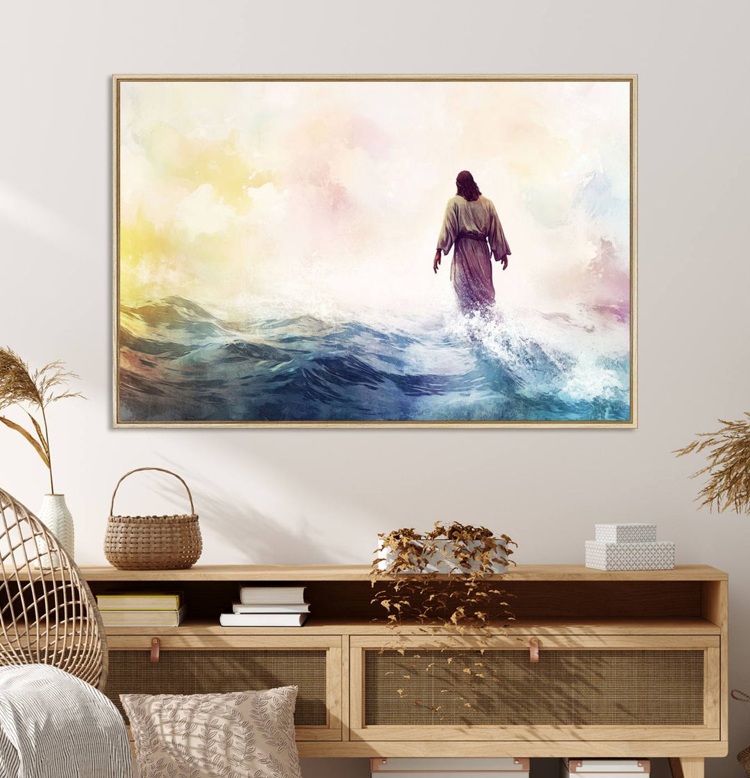 A robed figure strides on water in gentle waves, evoking the Watercolor Jesus Walking on Water canvas art.