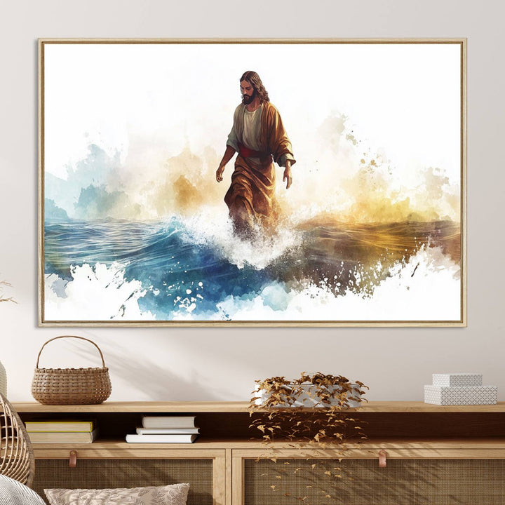 This watercolor canvas print depicts Jesus walking, characterized by abstract splashes against a serene background. It serves as a beautiful piece of Christian wall art.