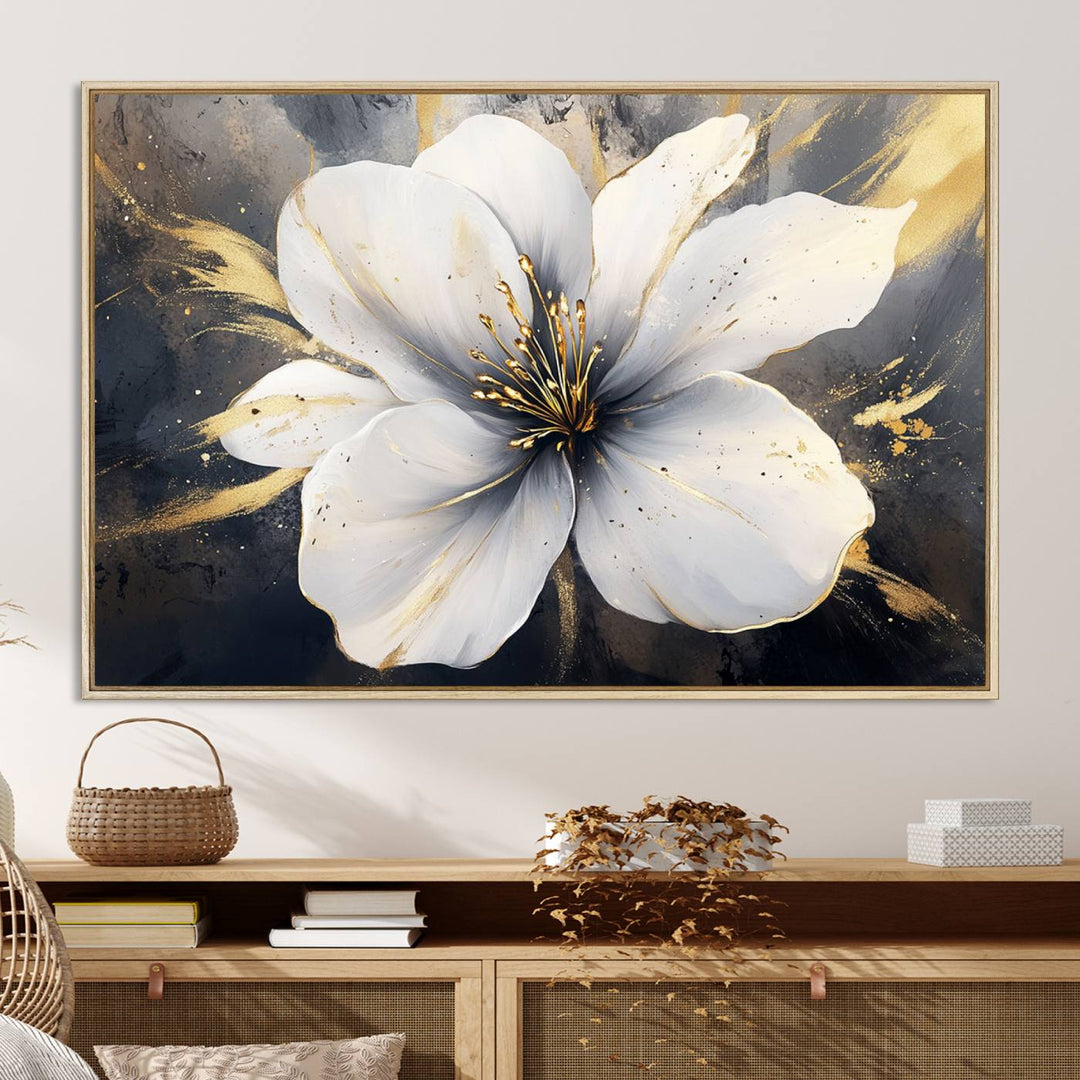 White Flower Wall Art | Canvas Print | Ready to Hang | Abstract Floral Wall Decor | Elegant Bloom Artwork | Framed for Living Room or Bedroom