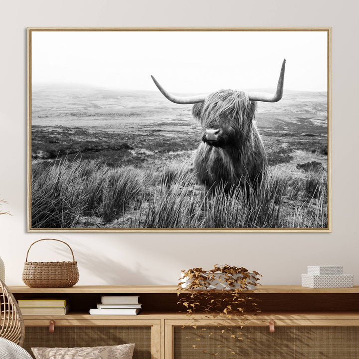 Scottish Highland Cow Wall Art | Black and White Canvas Print | Ready to Hang and Framed | Rustic Farmhouse Wall Decor for Living Room or