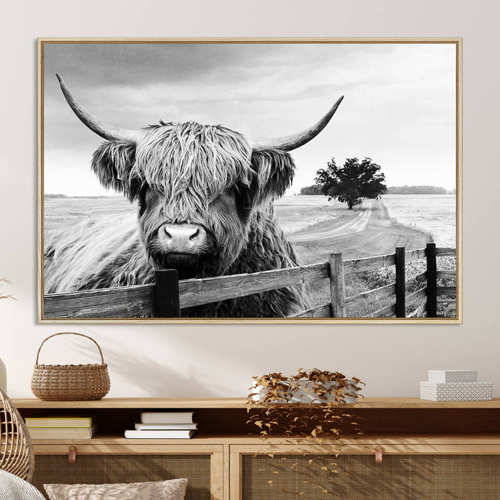 Scottish Highland Cow Wall Art | Rustic Farmhouse Décor | Black and White Ready to Hang Canvas Print