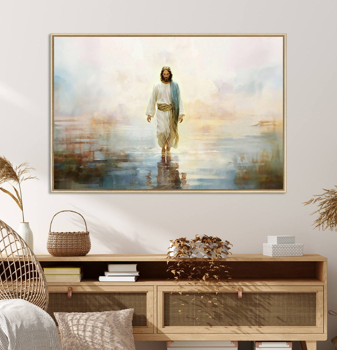 The 3-panel Framed Jesus Walking on Water Wall Art showcases a serene religious scene.