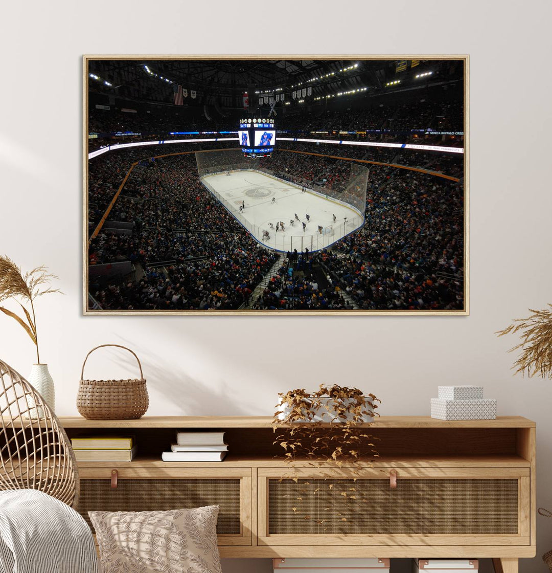 The wall art captures the essence of a Buffalo Sabres game on ice at KeyBank Center, making it deserving of a premium canvas print.