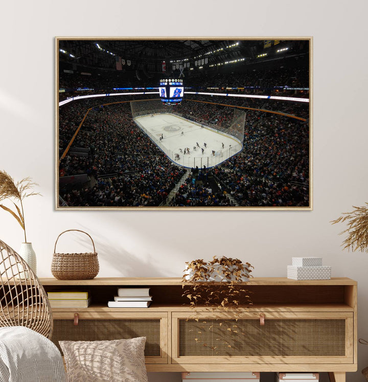 The wall art captures the essence of a Buffalo Sabres game on ice at KeyBank Center, making it deserving of a premium canvas print.