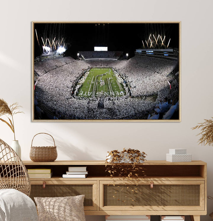 Wide-angle print of a packed stadium with fireworks, ideal gallery-quality wall art - Penn State Nittany Lions Canvas.