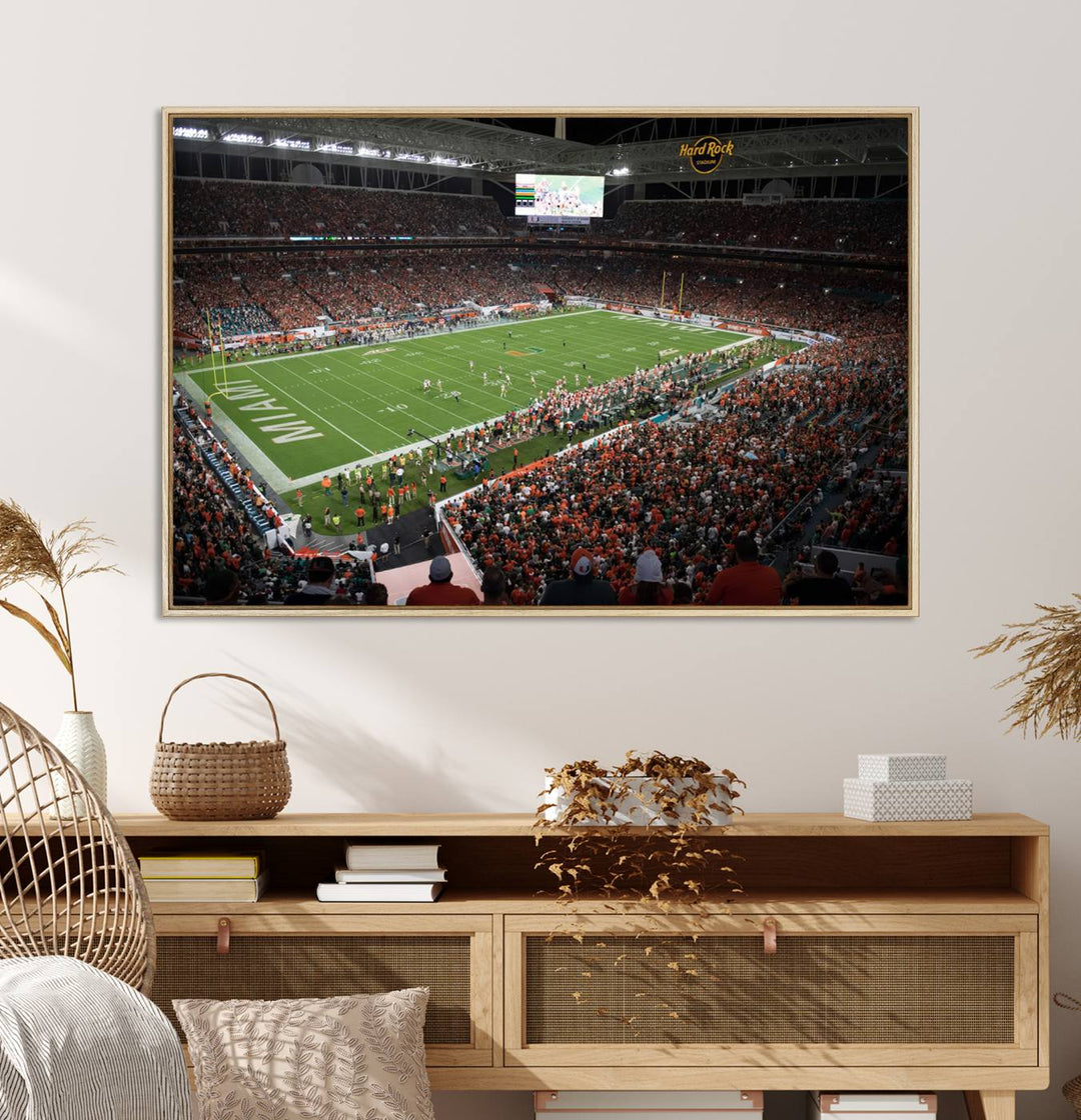 Aerial view of a Miami Hurricanes game at Hard Rock Stadium captured on canvas print, showcasing the teams on the field and fans in the stands.