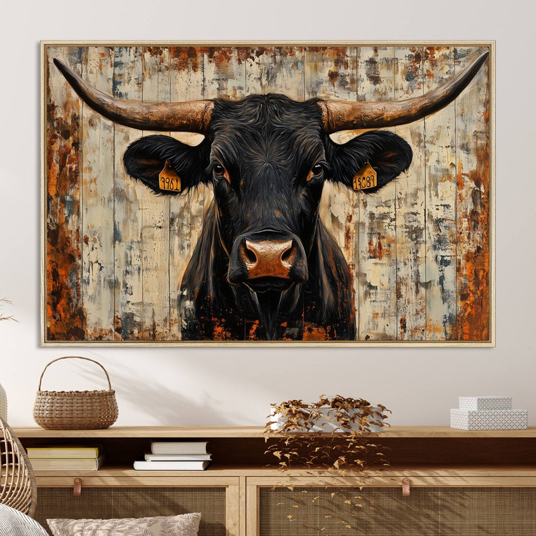 Rustic Texas Artwork Wall Art Canvas Print - Abstract Cow Longhorn Bull Wall Art Canvas Print