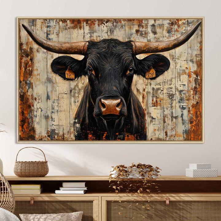 Rustic Texas Artwork Wall Art Canvas Print - Abstract Cow Longhorn Bull Wall Art Canvas Print
