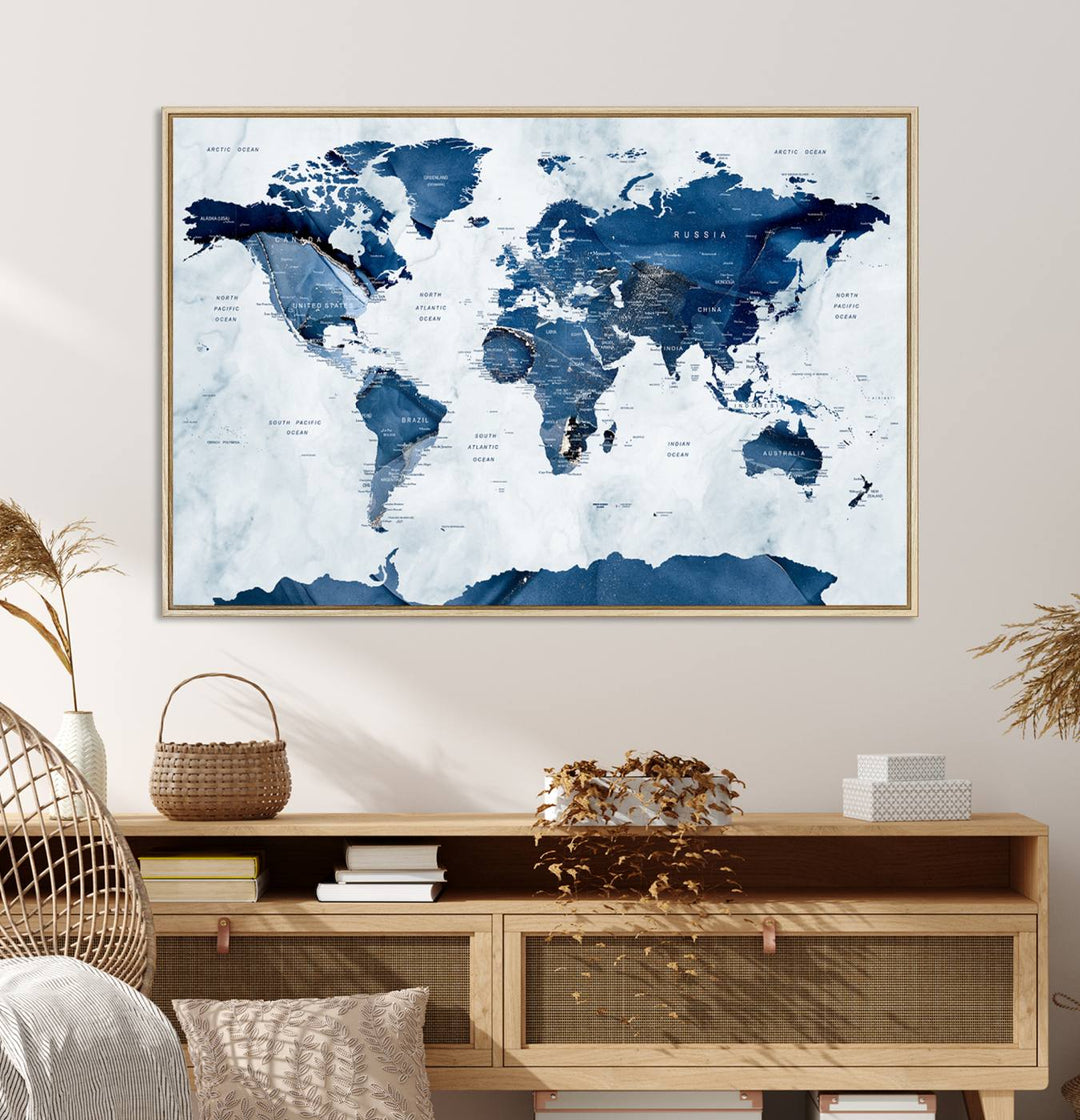 Blue and white watercolor World Map Wall Art Canvas Print, perfect for enhancing decor.