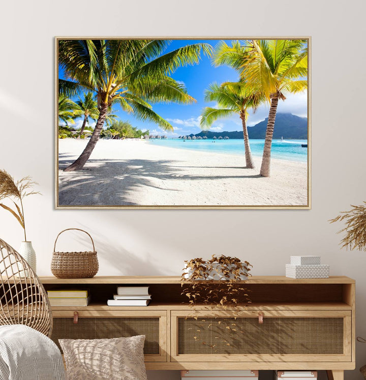 Blue Beach and Sea Wall Art Canvas Print: showcases a tropical scene with palm trees, white sand, and turquoise water.