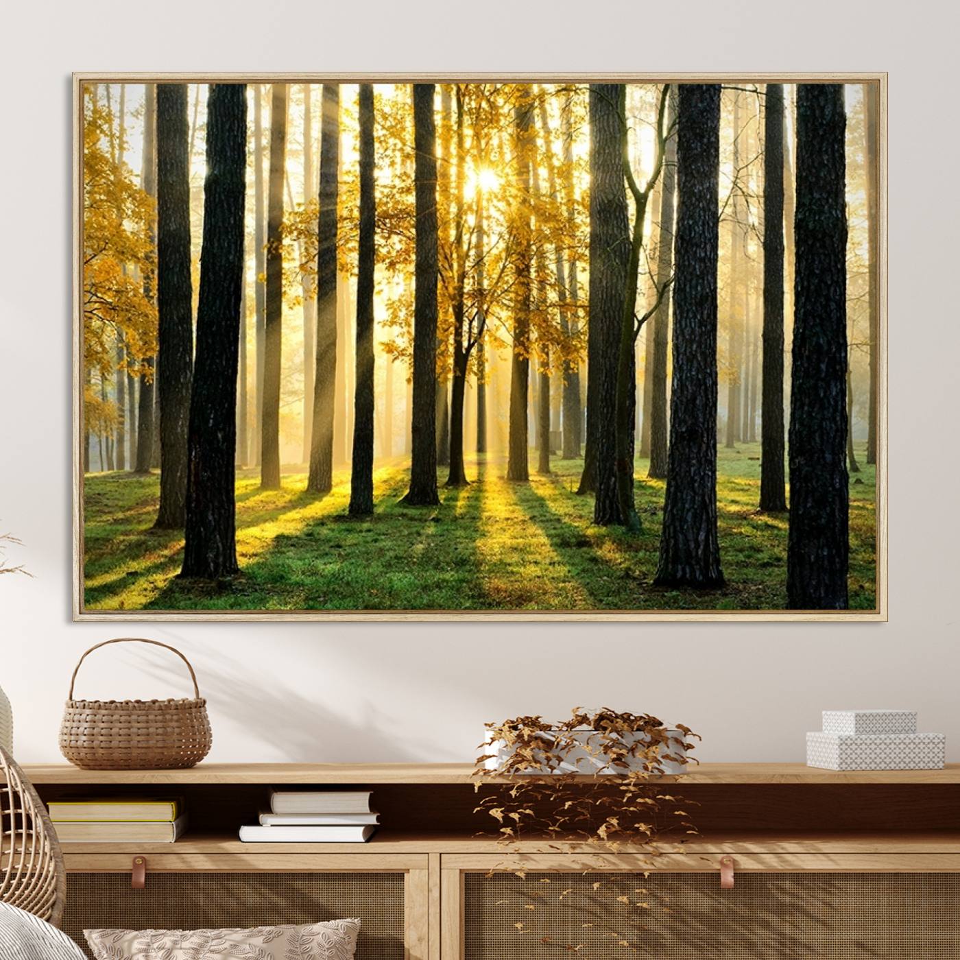 60024-MGV-CV-36X24-Sunlit Forest Wall Art Canvas Print - Large Framed Woodland Wall Art for Home or Office Decor, Rustic Nature Scene with Golden Light
