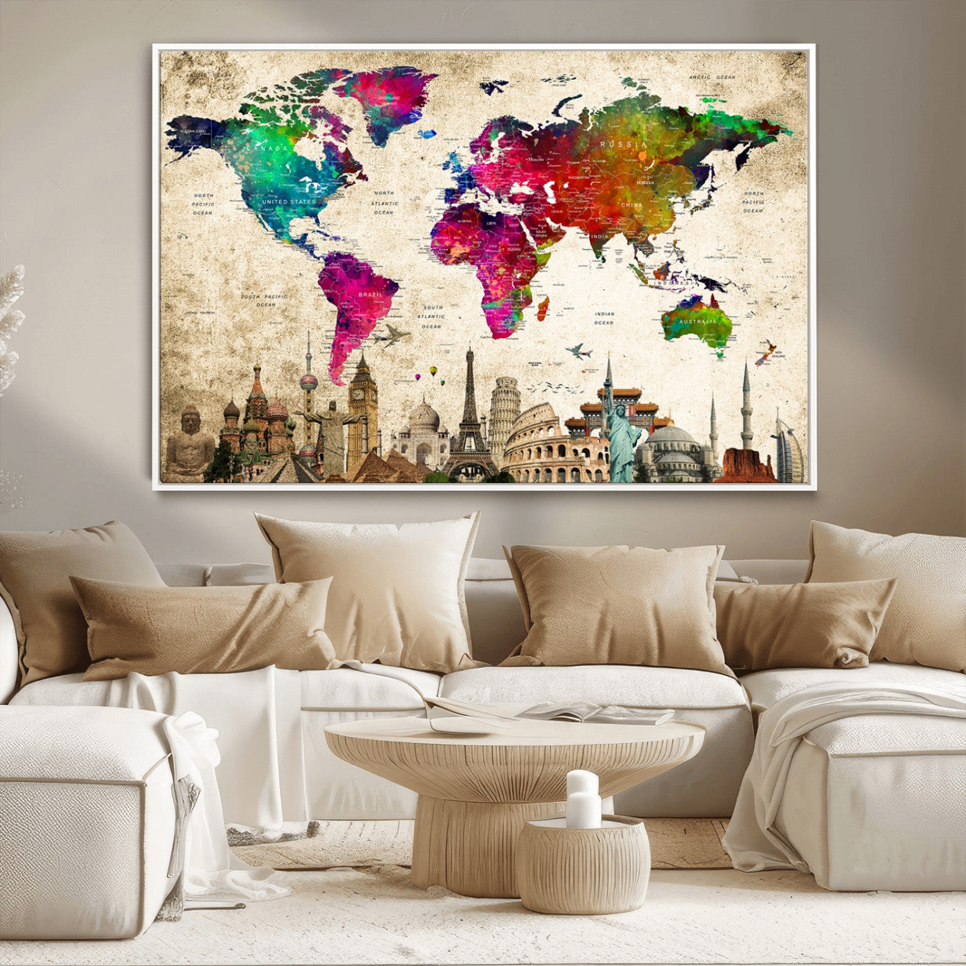 MGV-FC-36X24 - Push Pin World Map Canvas Print – Framed Wall Art for Couples to Track Their Travels – Anniversary