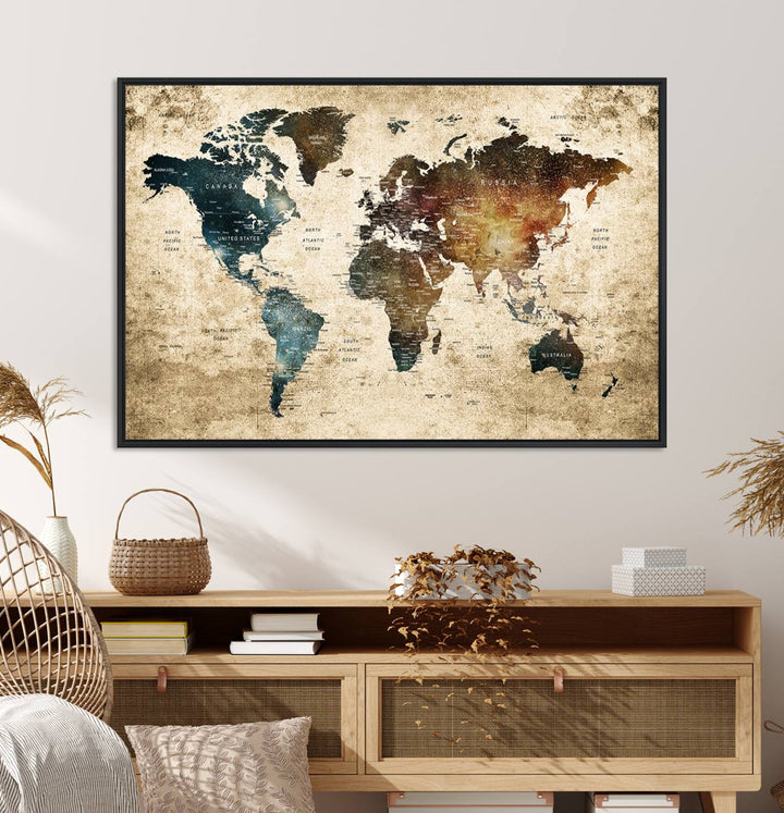 Grunge World Map Canvas featuring earth-toned continents, suitable for study, office, or living room.