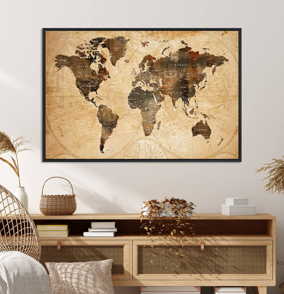 Vintage World Map Wall Art | 3 Panel Large Canvas Art | Antique World Map Canvas Print | Rustic Map Wall Art, Framed Gallery Wrapped