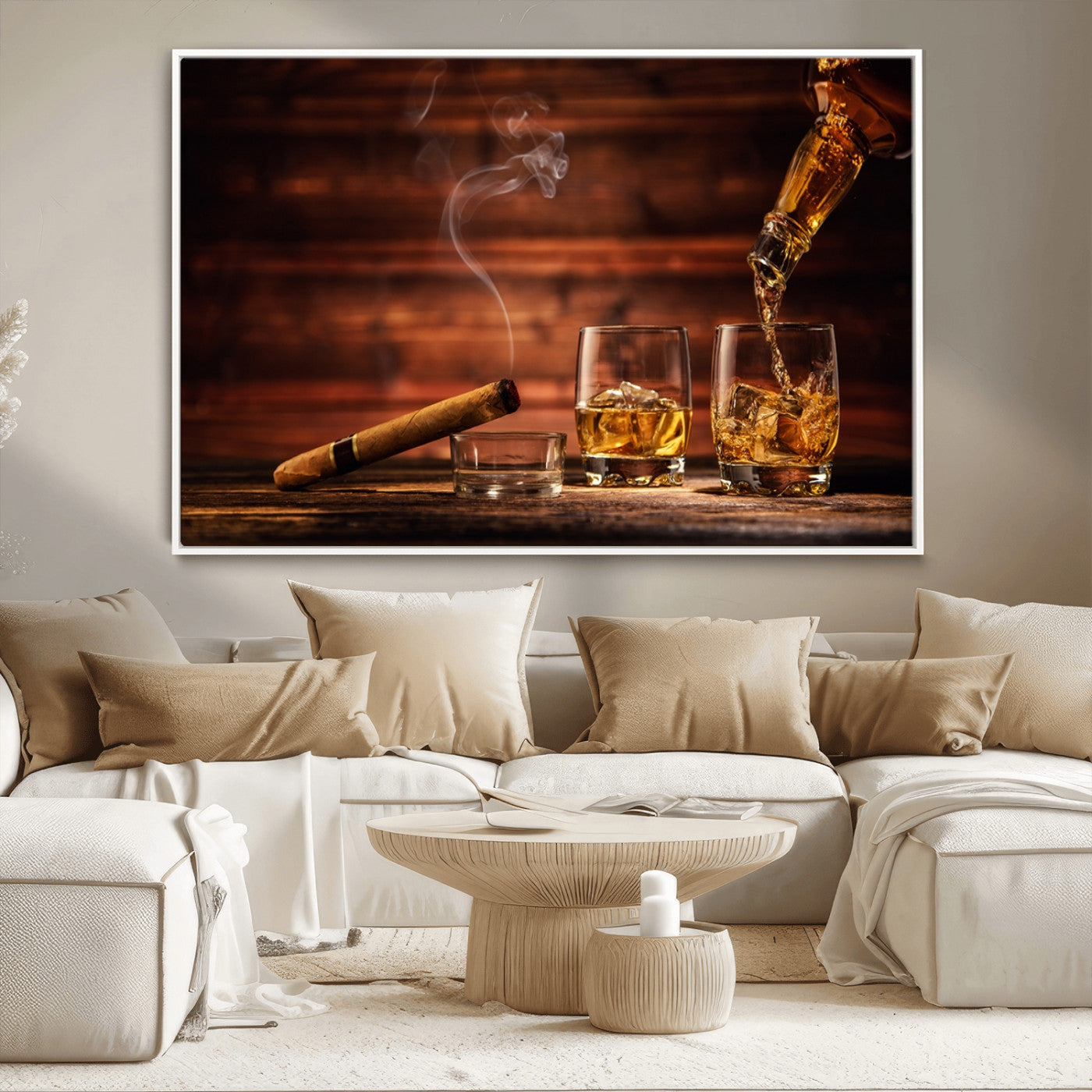 MGV-FC-36X24 - Whiskey and Cigar Wall Art Canvas | 3 Panel Bar Room Decor for Home Lounge, Office, or Man Cave |