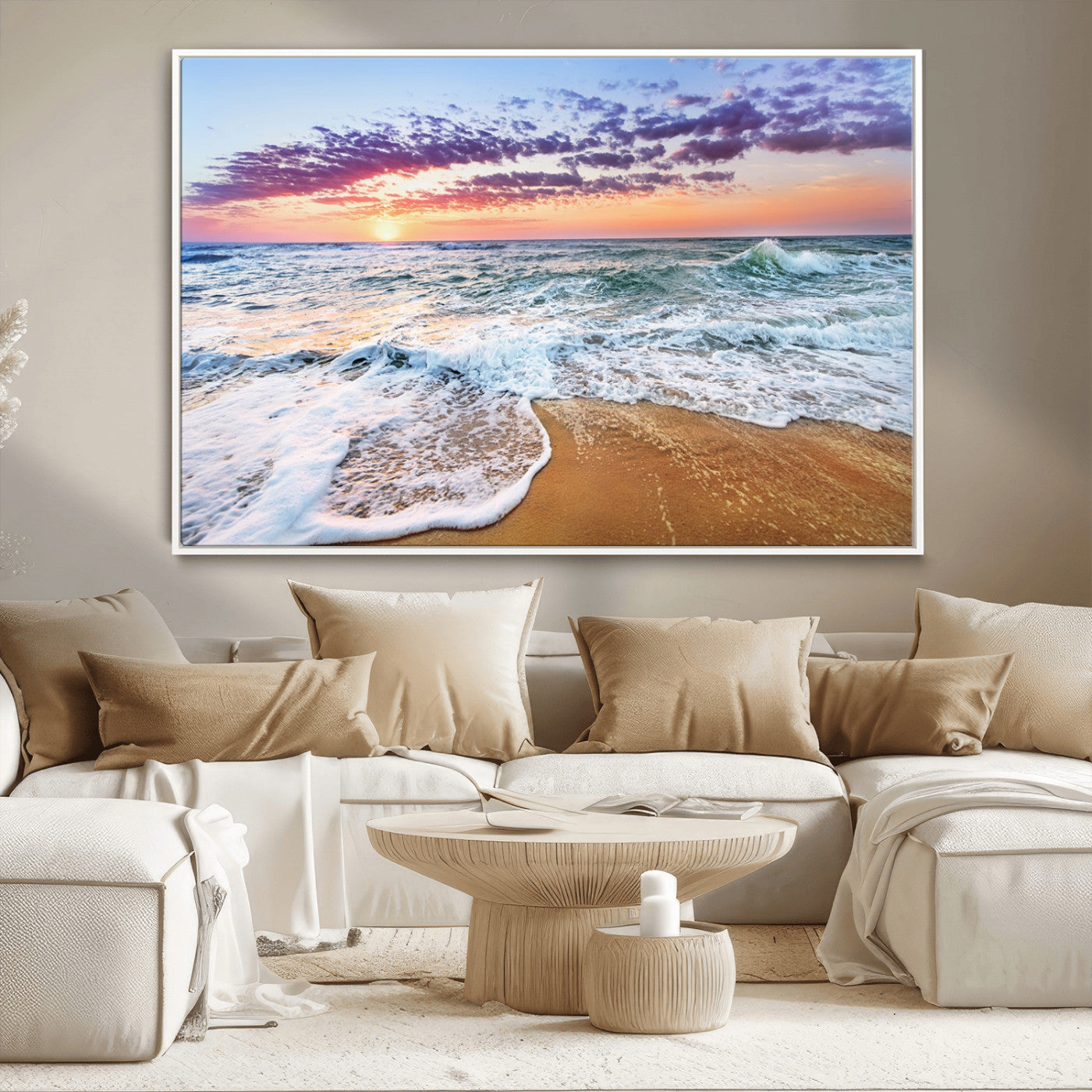 MGV-FC-36X24 - Coastal Sunset Art Beach Canvas Wall Art Print | Ocean Waves Wall Art | Large 3-Panel Seascape for