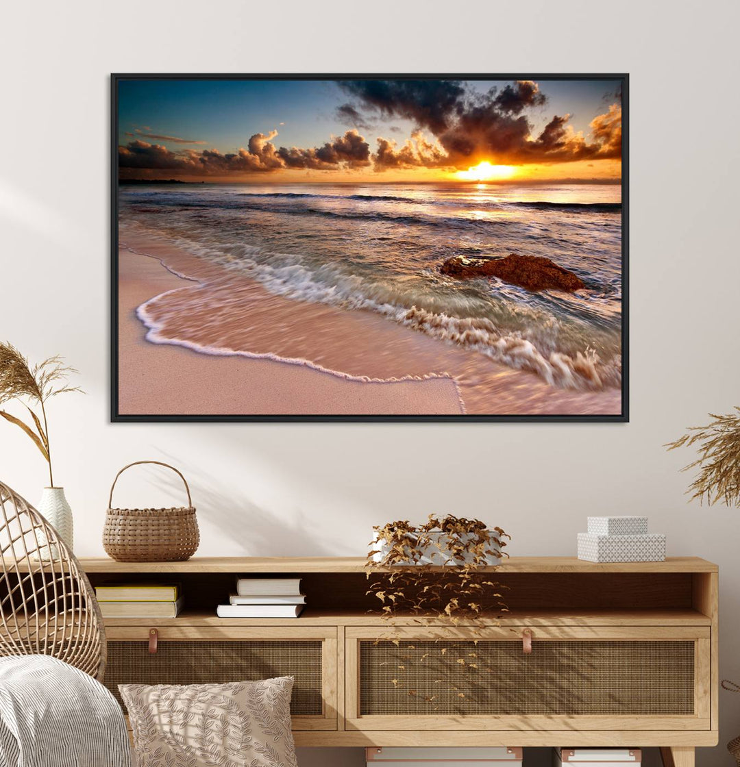 The Sunset on Ocean Wall Art Canvas Print beautifully captures a beach sunset, gentle waves, and a peaceful atmosphere.