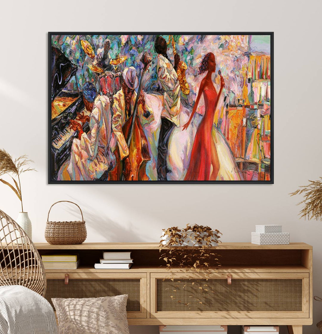 The Abstract Afro American Jazz Canvas captures a vibrant jazz band and showcases a woman dancing in red, making it perfect for dining or music spaces.