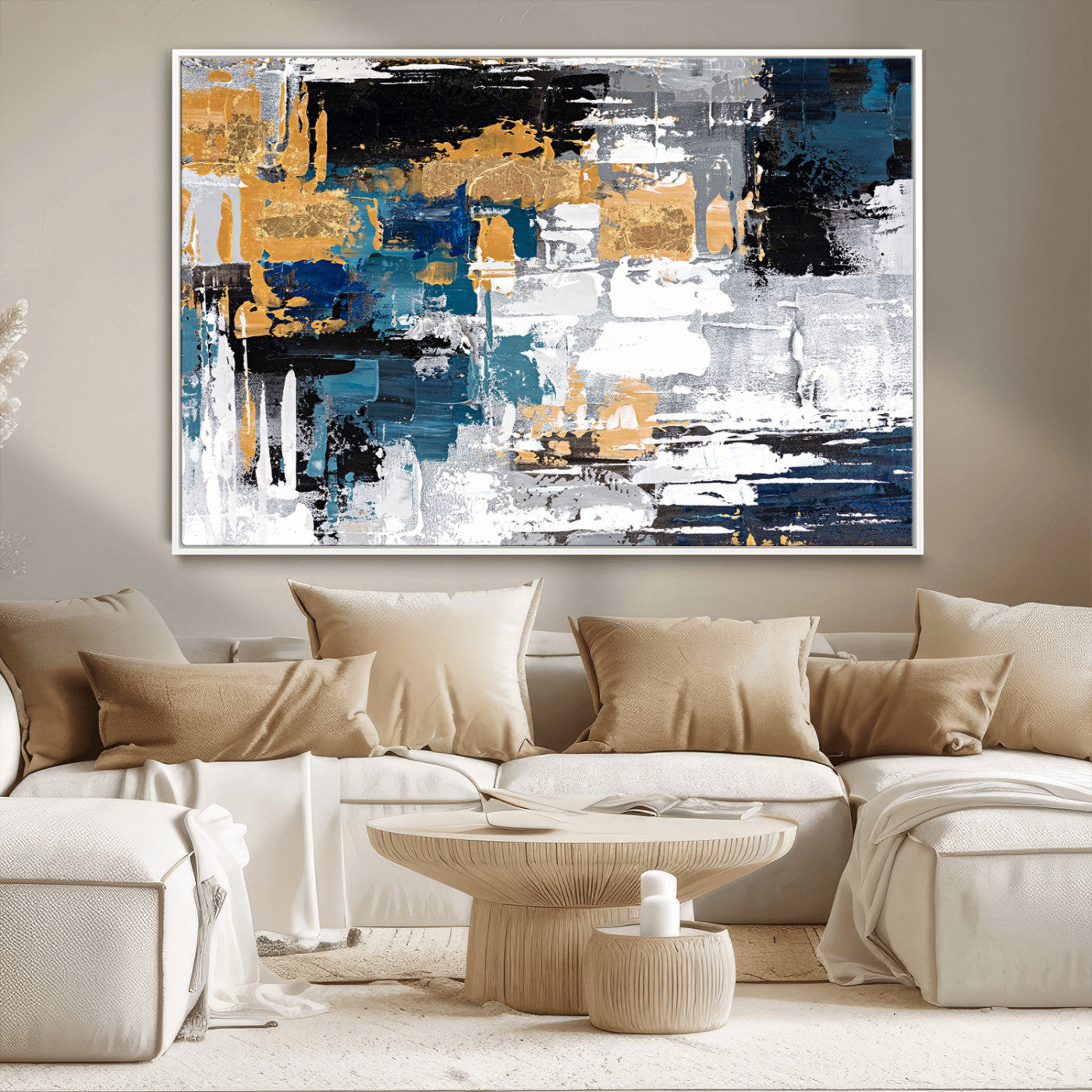 57708-MGV-CV-36X24-Blue and Gold Abstract Canvas Wall Art – Triptych Modern Painting for Living Room – Framed and Ready to Hang