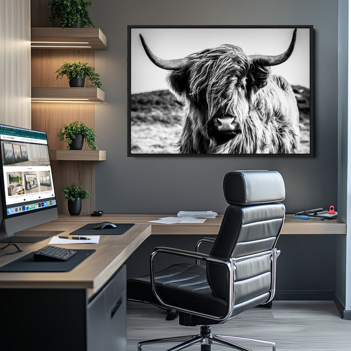 Highland Cow Wall Art | 3-Panel Black and White Highland Cow Canvas Print for Western Farmhouse Decor