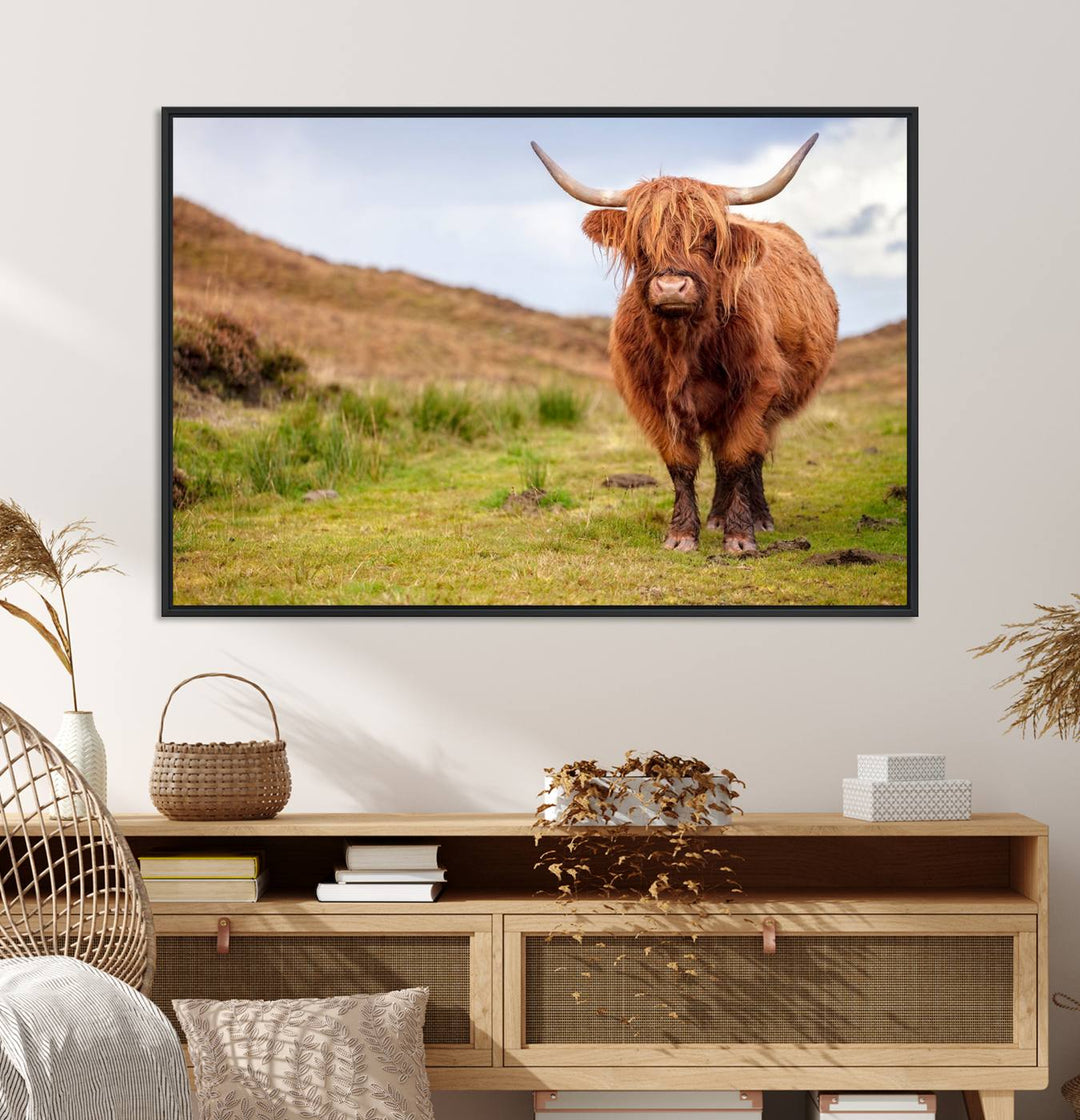 A Highland Cow Animal Canvas Wall Art hangs on the wall, adding warmth to the room.