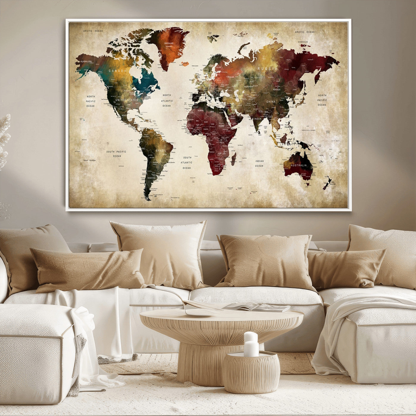 MGV-FC-36X24 - Large World Map Wall Art Canvas Print, Framed Push Pin Map Art Picture Print, Abstract Traveller Map Perfect Modern Decor Artwork
