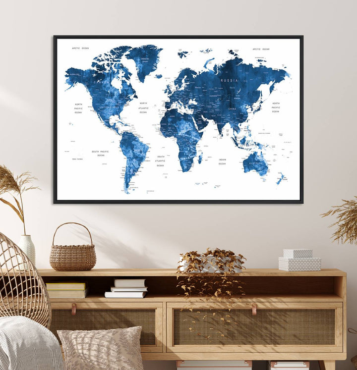 Navy Blue Wall Art World Map Canvas Print, an ideal piece for anyone seeking unique home or office decor.