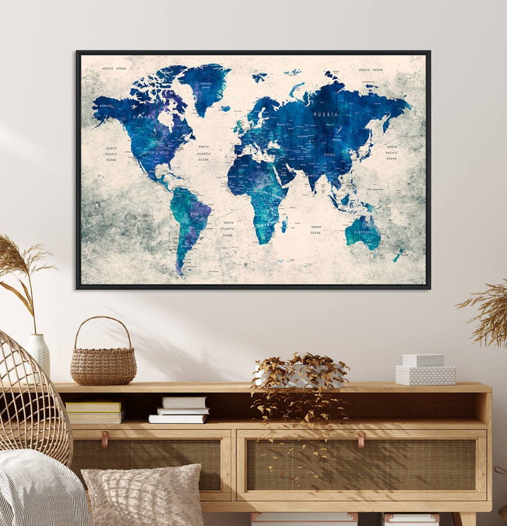 Navy Blue Push Pin World Map Canvas Print featuring a grunge-stained background, with labeled countries and oceans.