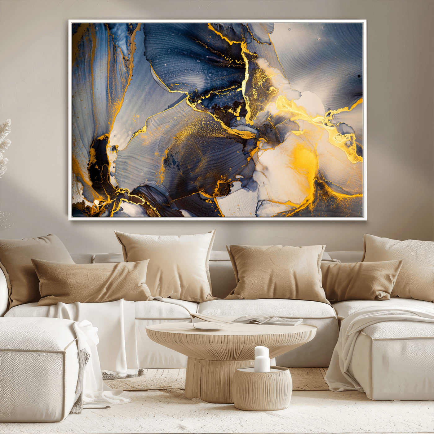 42100-MGV-CV-36X24-Large Abstract Wall Art Print - Gold and Blue Abstract Canvas Wall Art | Fluid Ink Modern Luxury Wall Decor for Living Room Decor