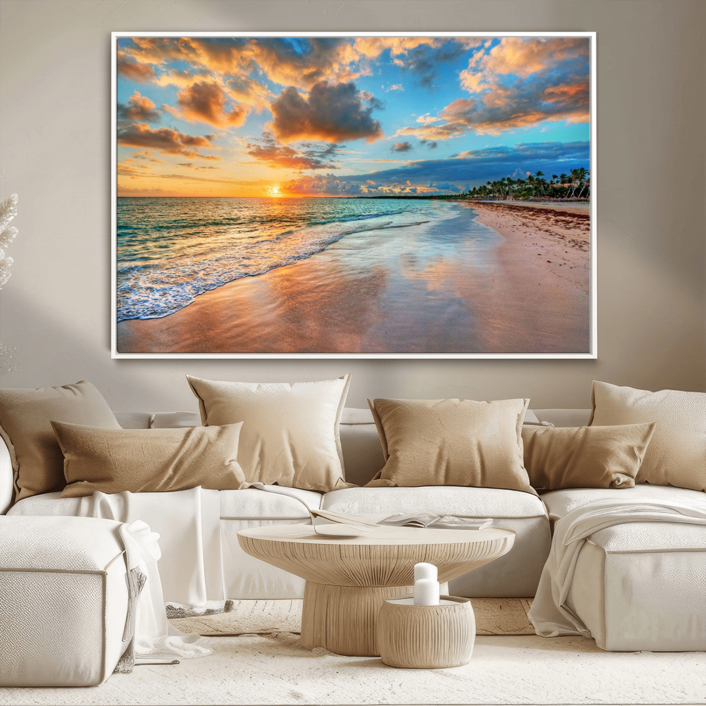 MGV-FC-36X24 - Sunset Ocean Waves on Tropical Beach, 3-Panel Giclee Canvas Art for Coastal Home Decor, Vibrant Palm-Lined Shore