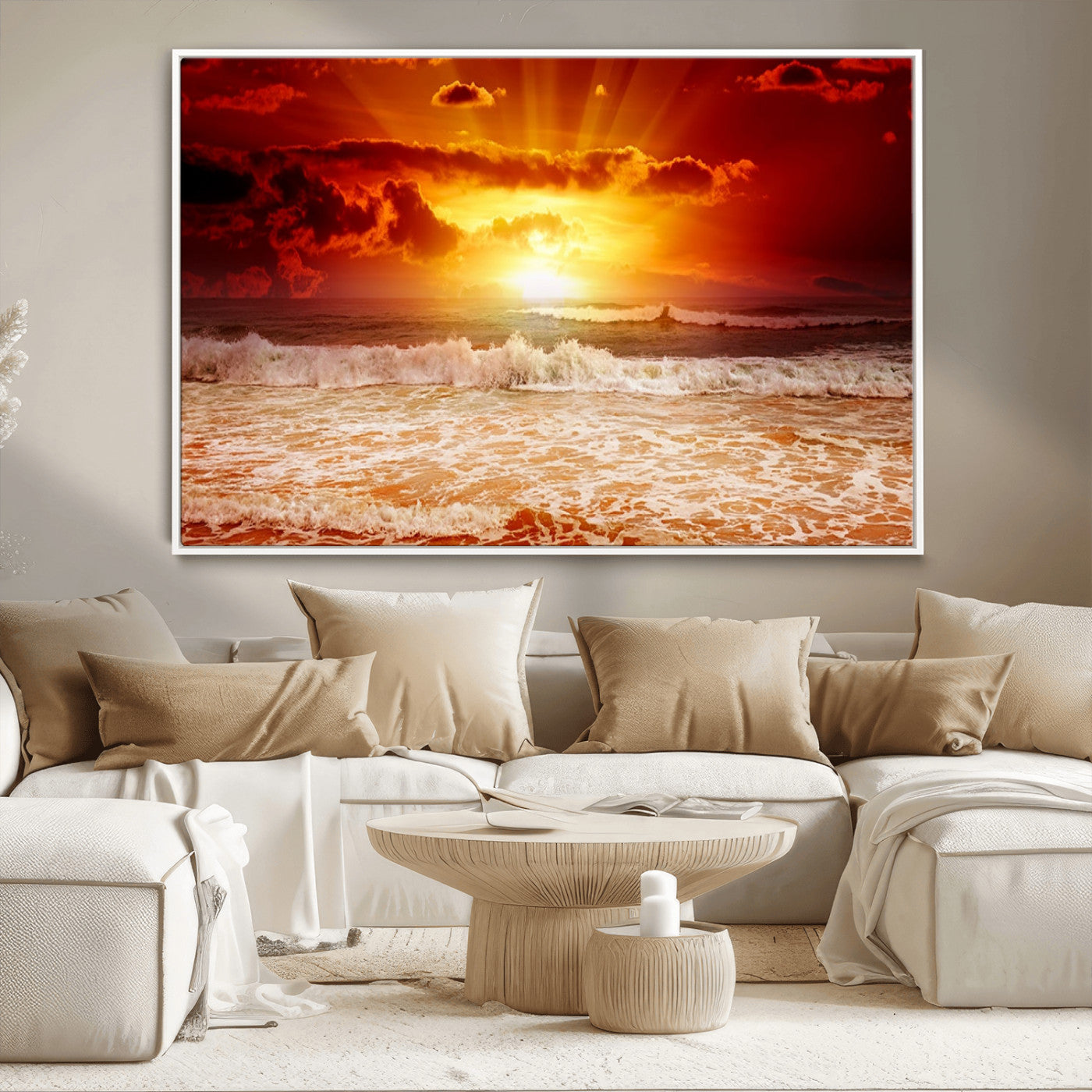 MGV-FC-36X24 - Red Sunset Ocean Beach Canvas Wall Art Beach Canvas, Coastal Sunset Print