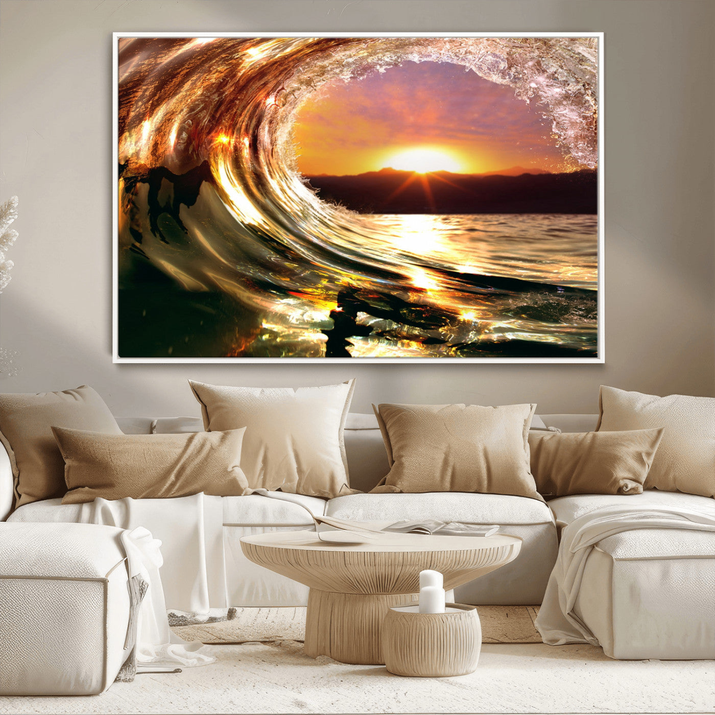 MGV-FC-36X24 - Golden Wave Sunset Triptych Canvas Art, Giclee Canvas Print of Ocean Wave and Sunset, Framed Ocean
