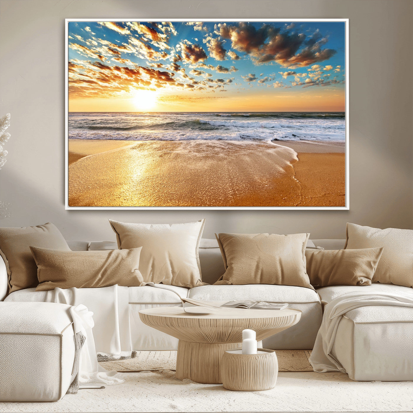 MGV-FC-36X24 - Golden Sunset Beach Print Canvas Wall Art, Giclee Canvas Print with Canon Print Quality, Triptych