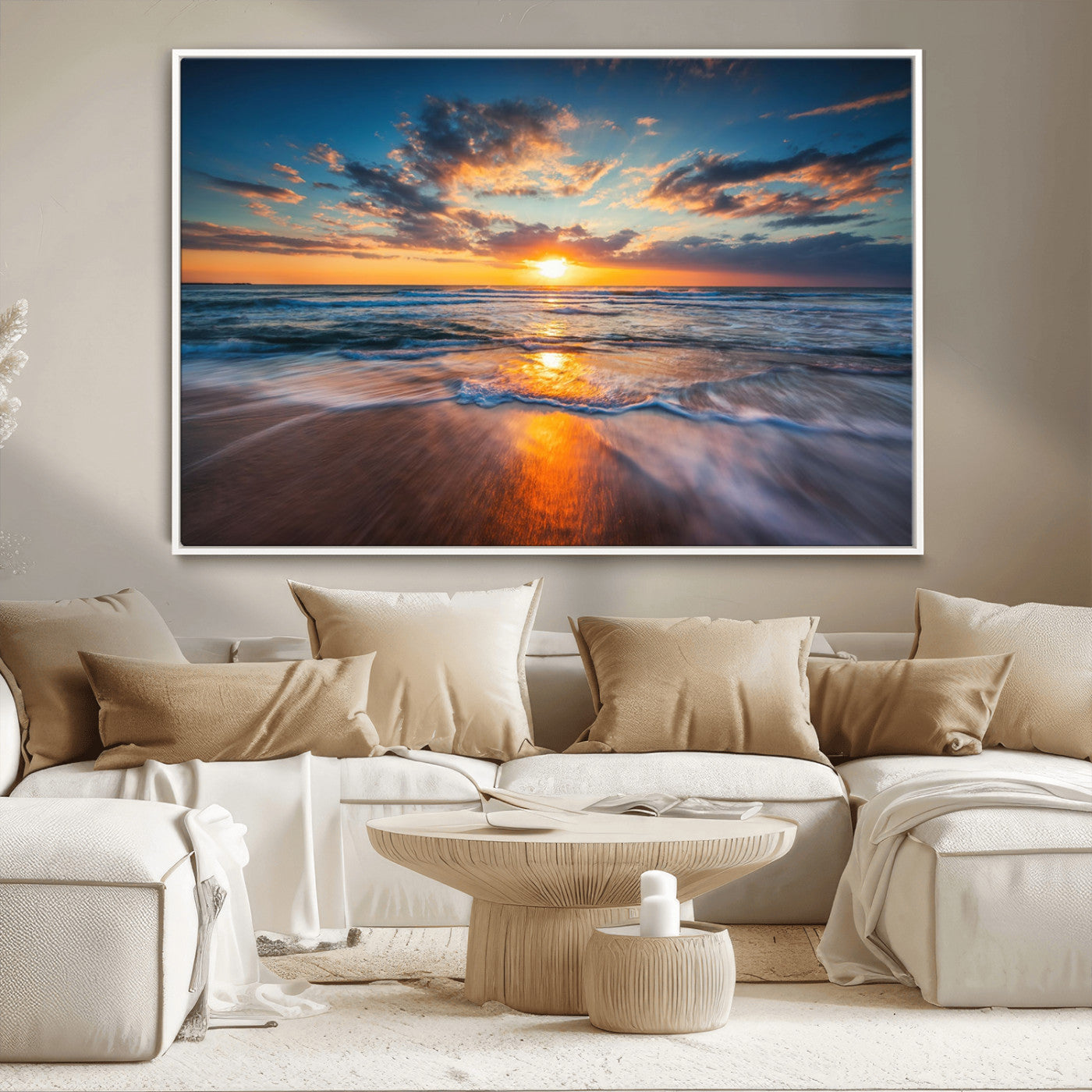 MGV-FC-36X24 - Sunset on the Ocean Beach with Waves, Reflections on Sand, Coastal Wall Art Print, Beach Wall Art,