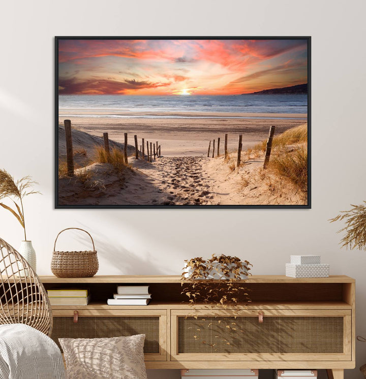 The Sunset on the Sea Wall Art Canvas Print beautifully captures a beach sunset and waves, enhanced with a UV-protective coating.