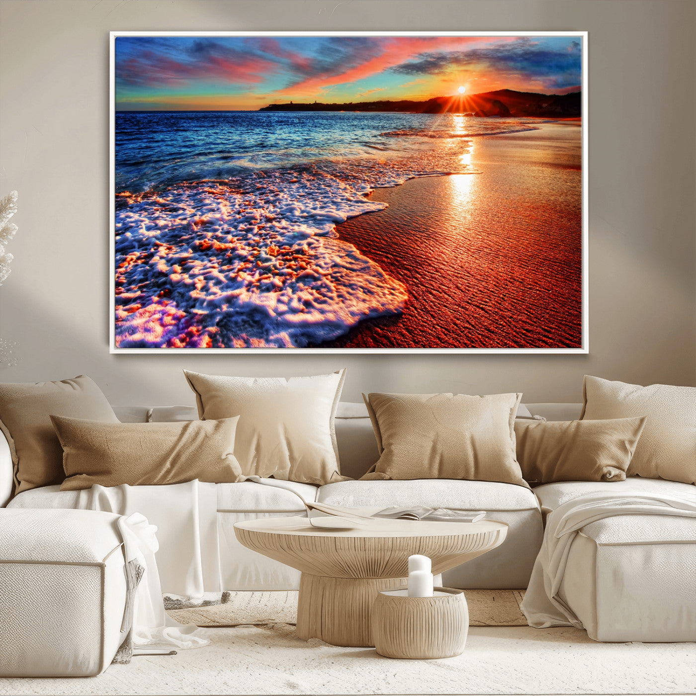 MGV-FC-36X24 - Colorful Coastal Sunset on the Beach Canvas Print, Ocean Waves Crashing at Dusk, Multi-Panel Seascape Vibrant Coastal Wall Art Canvas Print
