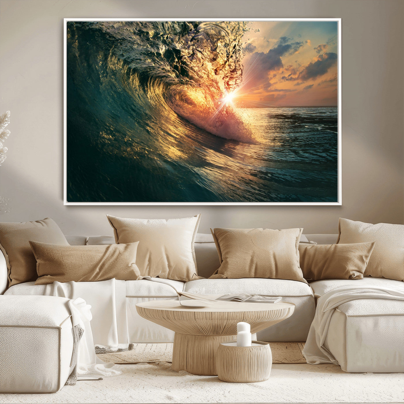 MGV-FC-36X24 - Ocean Wave Sunset Canvas Wall Art – Triptych Seascape Print – Framed and Ready to Hang for Living Room or Office