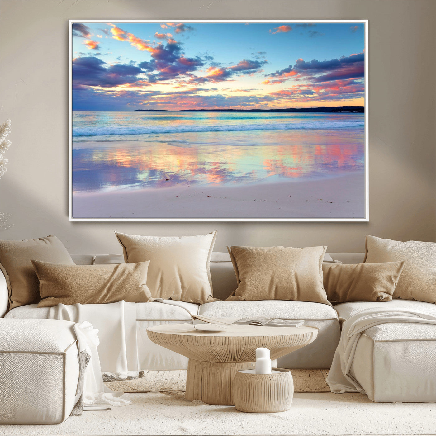 MGV-FC-36X24 - Tranquil Pastel Sunset Beach Triptych Canvas Art, Soothing Coastal Ocean Shoreline Giclee Print, Beach Reflections Wall Decor for Serene Spaces