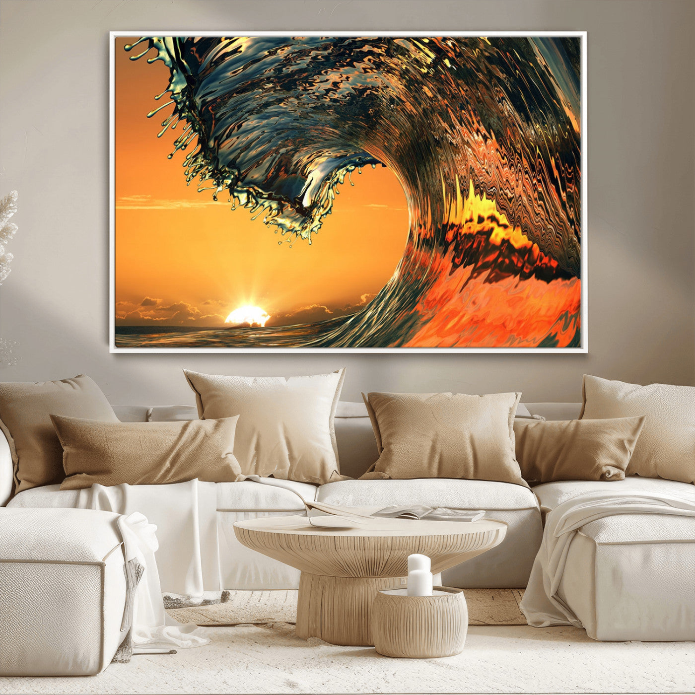 -Surf Wave Sunset Canvas Wall Art Print, 3-Panel Ocean Coastal Wall Art Print, Ocean Decor for