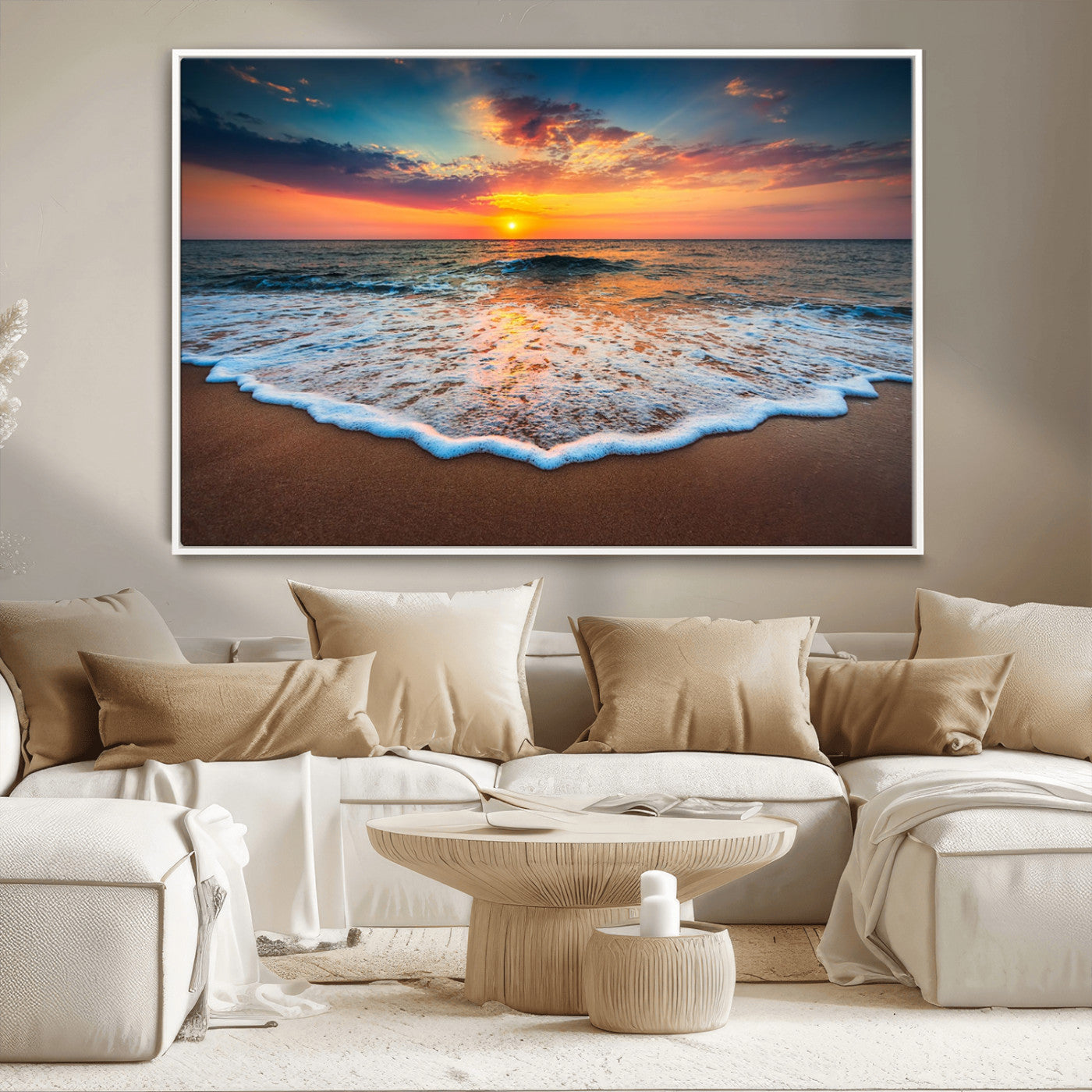 MGV-FC-36X24 - Sunset Beach Canvas Wall Art – Colorful Ocean Waves Triptych – Coastal Decor for Living Room or Bedroom – Framed and Ready to Hang