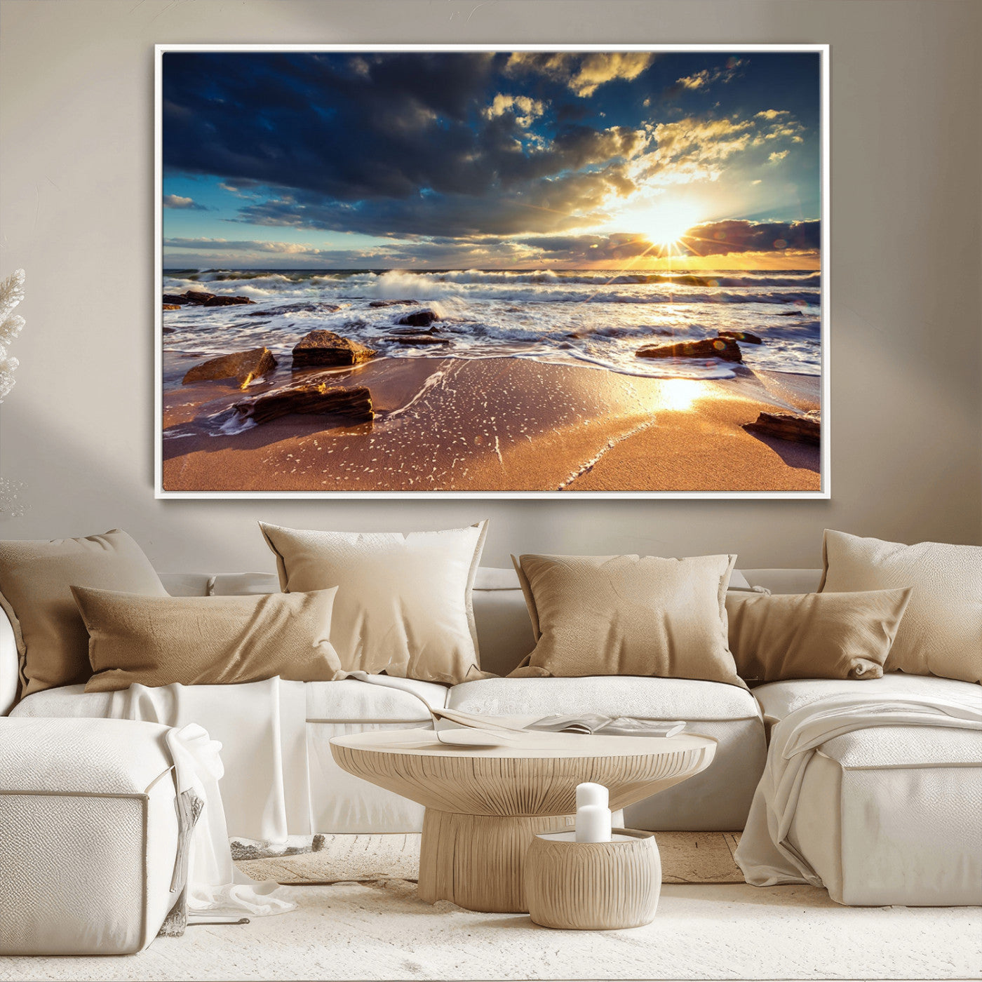 MGV-FC-36X24 - Golden Hour Beach Sunset Canvas Triptych, Ocean Waves and Rocks Wall Art for Coastal Home Decor